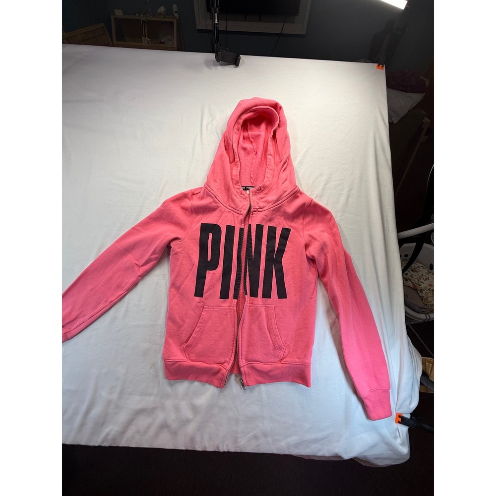 Pink Victoria's Secret Hoodie Womens XS Full Zip Sweatshirt Logo Graphic Neon